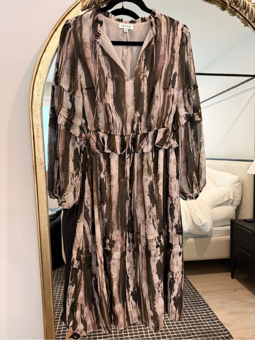 Misa Mae Taupe and Pink Abstract Midi Dress with Waist Tie